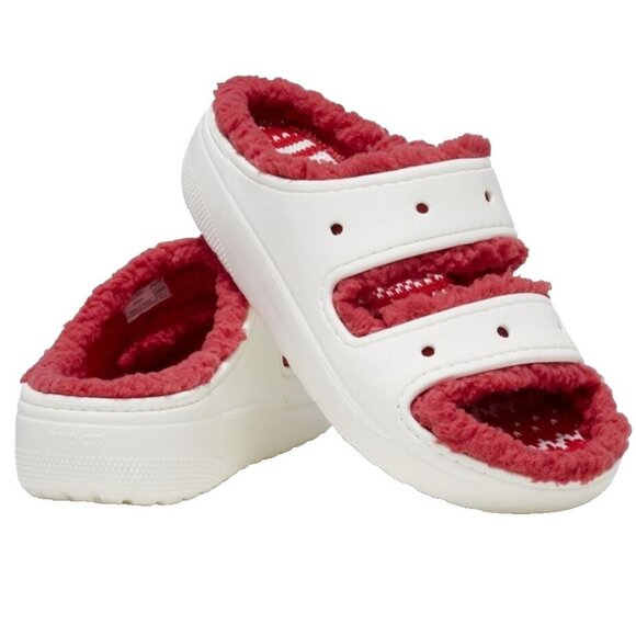 Crocs Classic Cozzzy Sandals Women 8 Men 6 Fuzzy Slippers Holiday Sweater White - Picture 5 of 8